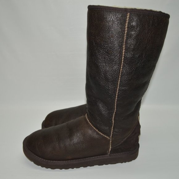 UGG Classic Tall Bomber Brown Leather Fur Lined - Picture 9 of 13